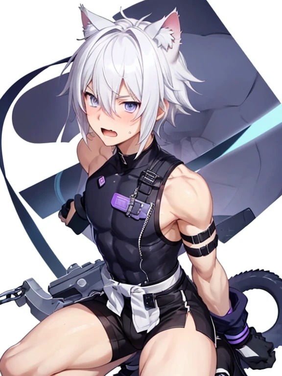 1 young person,alone,18-year-old,male,Shocked facial expression,blush,good looking,White hair Blue eyes,Purple eyes, Cat ear　Side view　Kneeled　Open your mouth and scream　suffer　Sleeveless, wistful expression　Exposure to electricity　Get it　Thick tail　Upper body naked　Raised to be sexy　Raising his arms