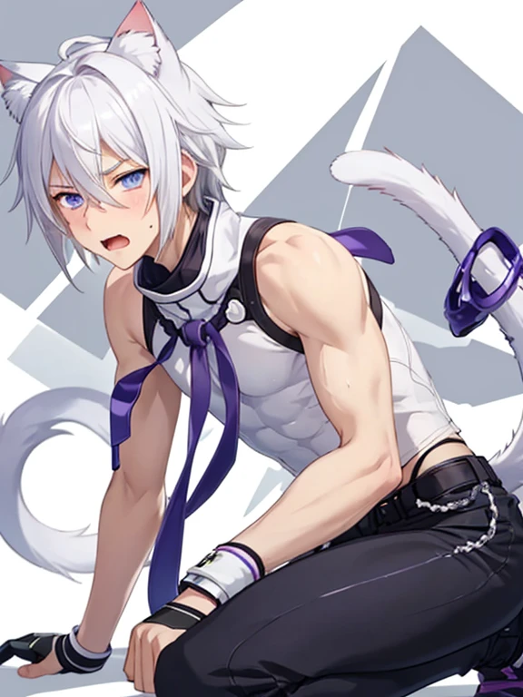 ****ung person,alone,18-year-old,male,Shocked facial expression,blush,good looking,White hair Blue eyes,Purple eyes, Cat ear　Side view　Kneeled　Open your mouth and scream　suffer　Sleeveless, wistful expression　Exposure to electricity　Gets done　Thick tail　Upper body naked　Raised to be sexy　Arms up Black pants　I can see your chained flank　I was hurt　Under attack