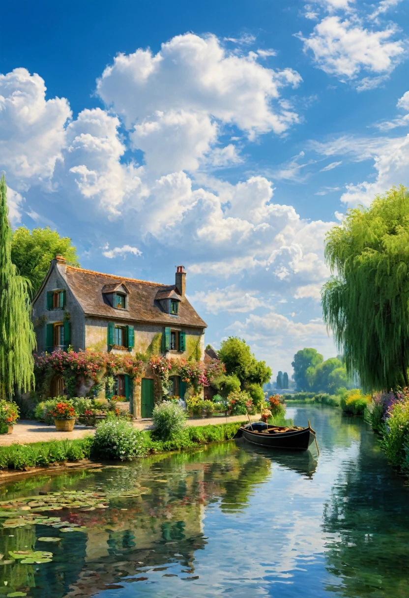 Claude Monet, summer, Improve, Complex, Outdoor, scene, null, cloud, water, river, European style house, boat，(Highest quality, masterpiece, Representative works, Official Art, Professional, unity 8k wallpaper:1.3)