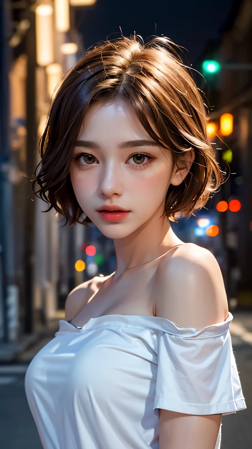 Highest quality, masterpiece, Ultra-high resolution, (Realistic:1.4), RAW Photos, One Girl, Off the shoulder, In the Dark, Deep Shadow, moderate, Night Alley, short hair, roadside,walk, 20-year-old,Cute Face, Small breasts, Tight shirt,(head shot:1.5)