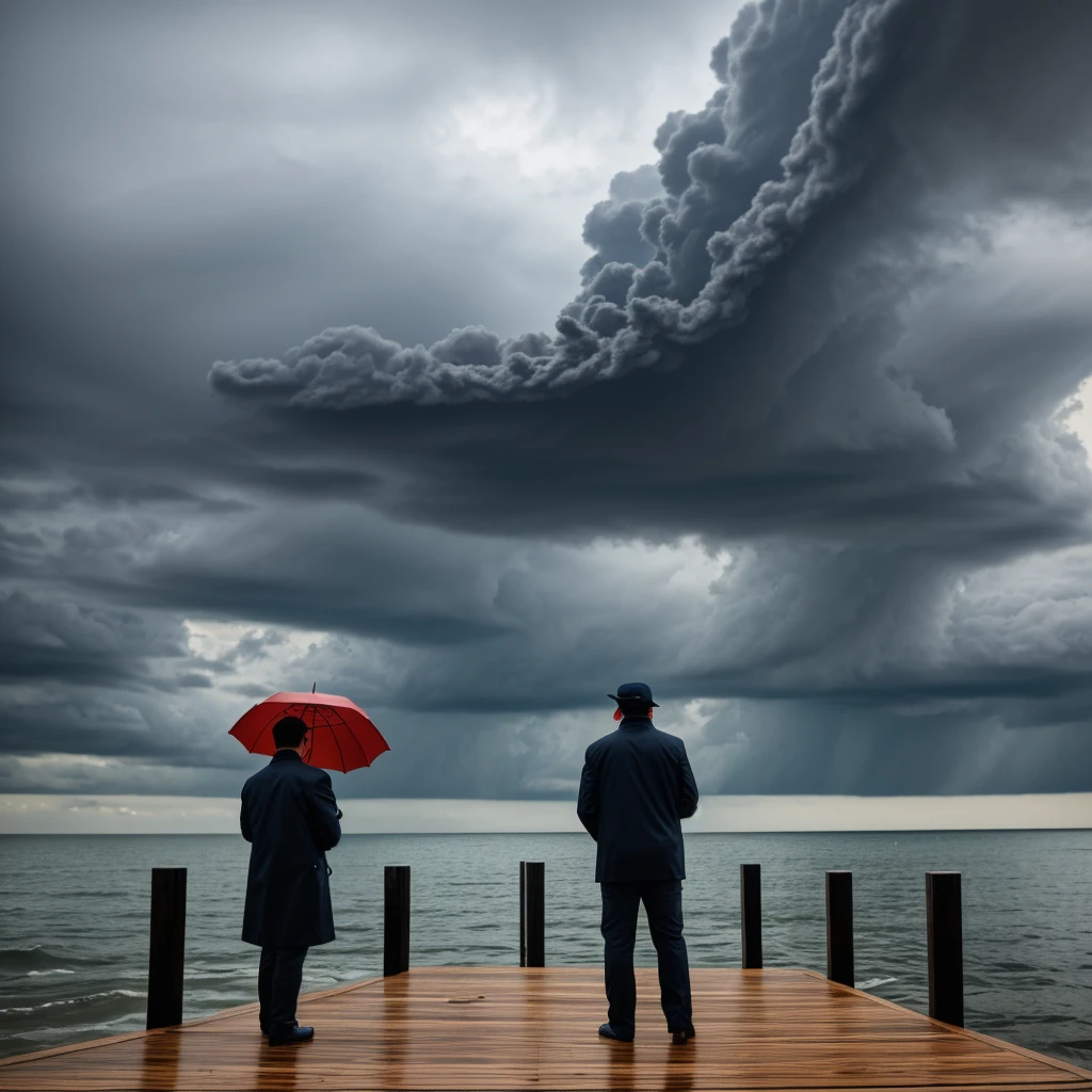 Dark clouds were gathering and heavy rain was falling. Two men stood on the dock holding an umbrella, gazing at the sea