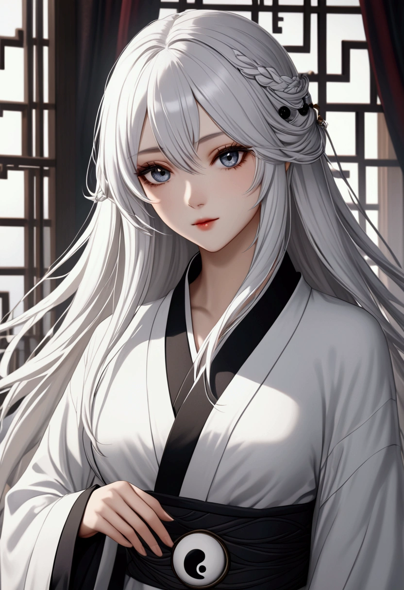 Long white hair , grey eyes, fair skin,ying yang robes,detailed hair, detailed eyes,detailed body, best quality, high resolution, 8k