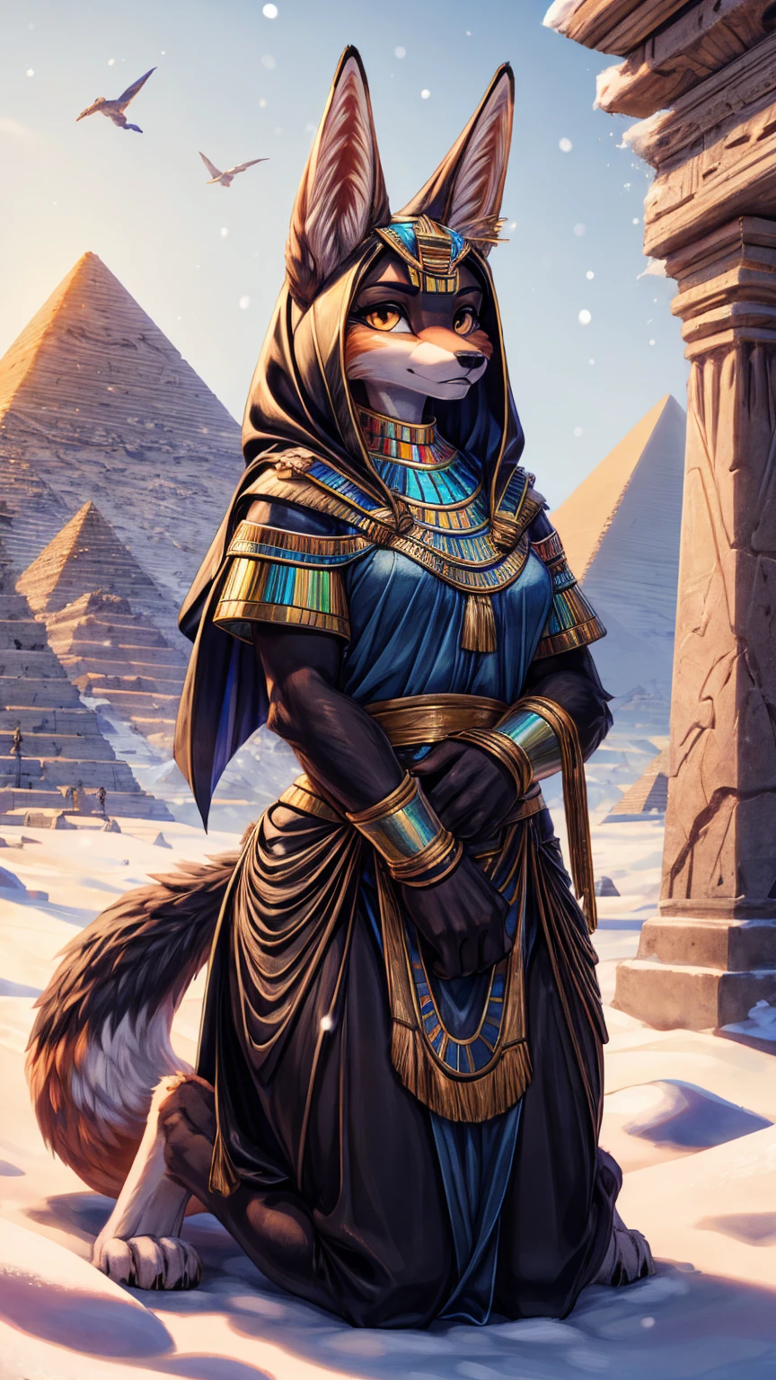 The best quality, Egyptian jackal black girl body, egiptian clothes , fox face elongated snout add-detail, Surprise face, jackal warrior in the snow add_detail:1, add barefoot_detail:1 mystical aura, kneeling in the snow, background pyramids