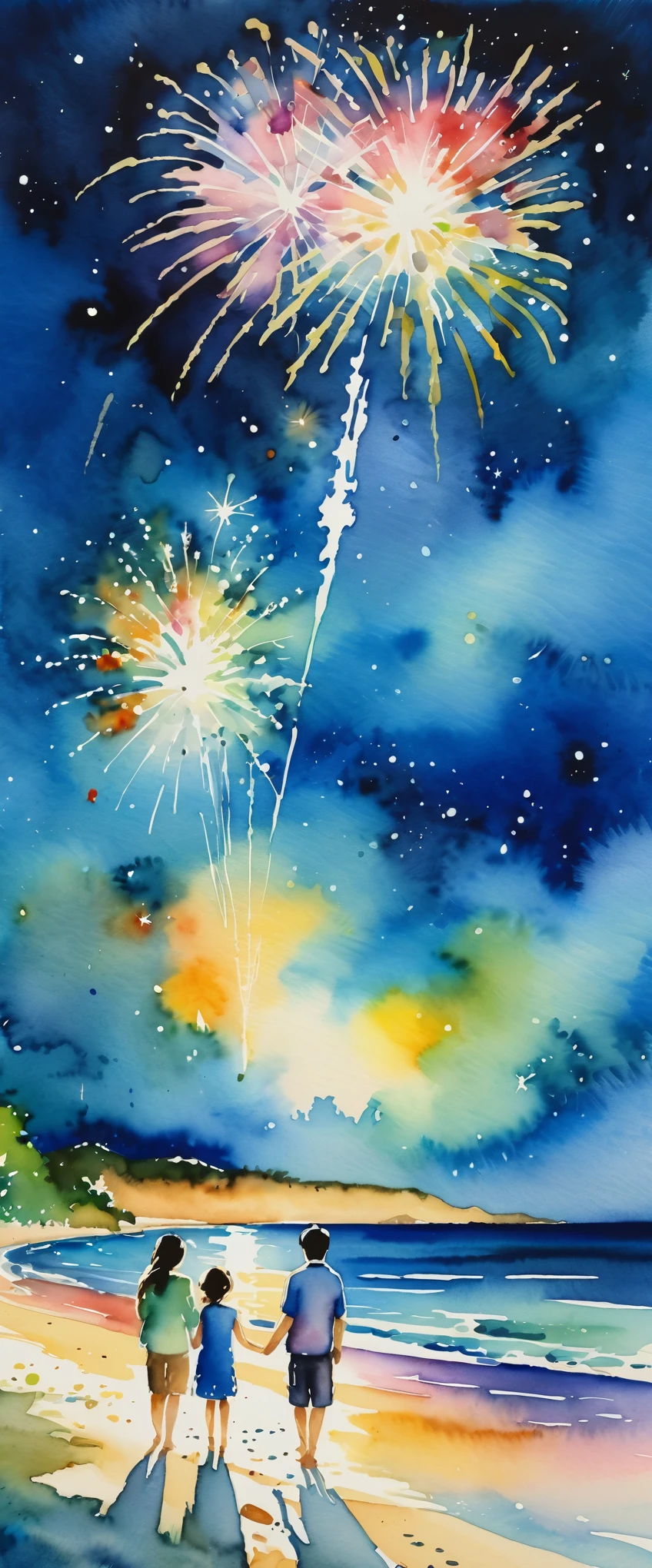 masterpiece,Magnificent landscape painting,Beautiful fireworks watercolor,Summer in Japan,Night Sky,Sandy Beach,Family enjoying watching fireworks,(Watercolor splashes、ooze、Blur、blotting、Effective use of the fading technique),(beauty),(Ephemerality),(dynamic)