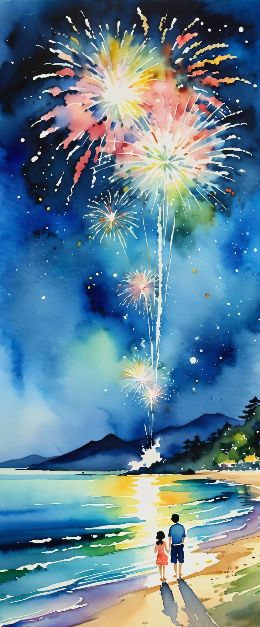 masterpiece,Magnificent landscape painting,Beautiful fireworks watercolor,Summer in Japan,Night Sky,Sandy Beach,Family enjoying watching fireworks,(Watercolor splashes、ooze、Blur、blotting、Effective use of the fading technique),(beauty),(Ephemerality),(dynamic)