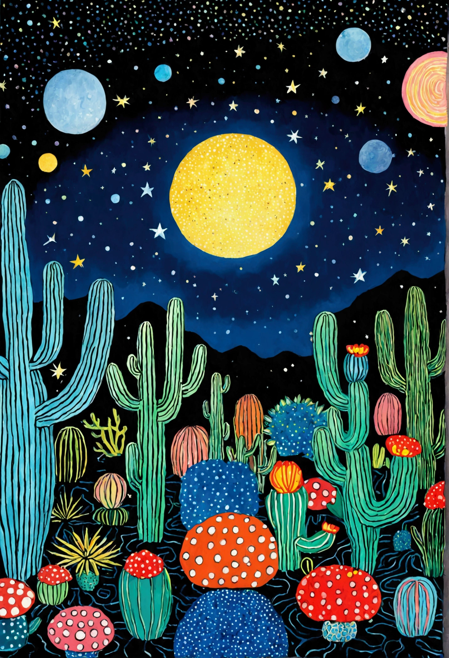 Blue starry sky、Neon,cactus,firefly,Dreamy colors,Illustration style(Artists can refer to Yayoi Kusama),Blue