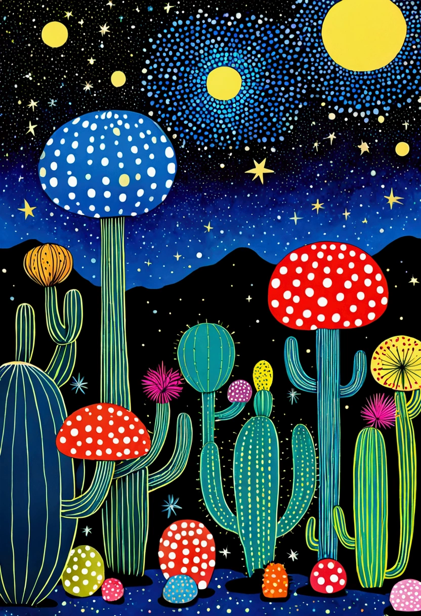 Blue starry sky、Neon，cactus，firefly，Dreamy colors，Illustration style（Artists can refer to Yayoi Kusama），Blue