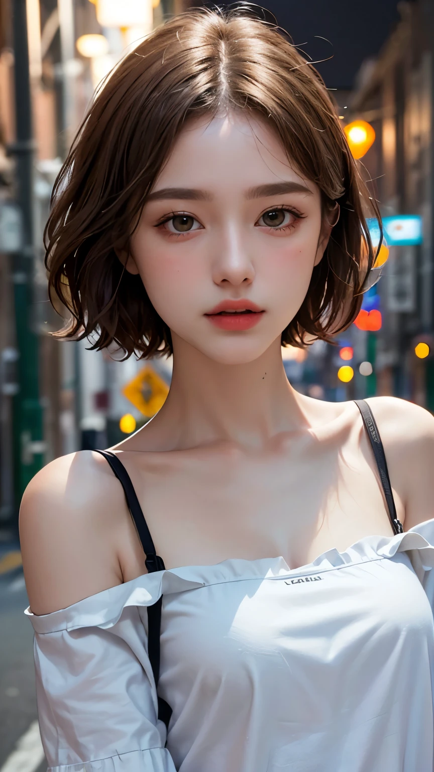 Highest quality, masterpiece, Ultra-high resolution, (Realistic:1.4), RAW Photos, One Girl, Off the shoulder, In the Dark, Deep Shadow, moderate, Night Alley, short hair, roadside,walk, 20-year-old,Cute Face, Small breasts, Tight shirt,(head shot:1.5)