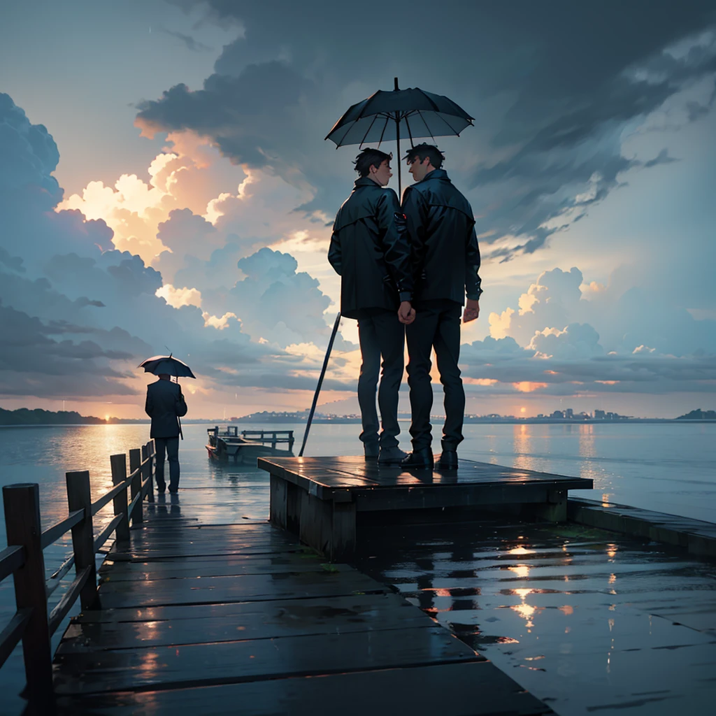 Dark clouds were gathering and heavy rain was falling. Two men stood on the dock holding an umbrella, gazing at the sea