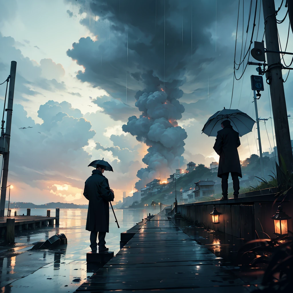 Dark clouds were gathering and heavy rain was falling. Two men stood on the dock holding an umbrella, gazing at the sea