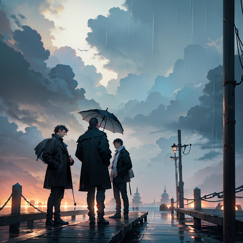 Dark clouds were gathering and heavy rain was falling. Two men stood on the dock holding an umbrella, gazing at the sea