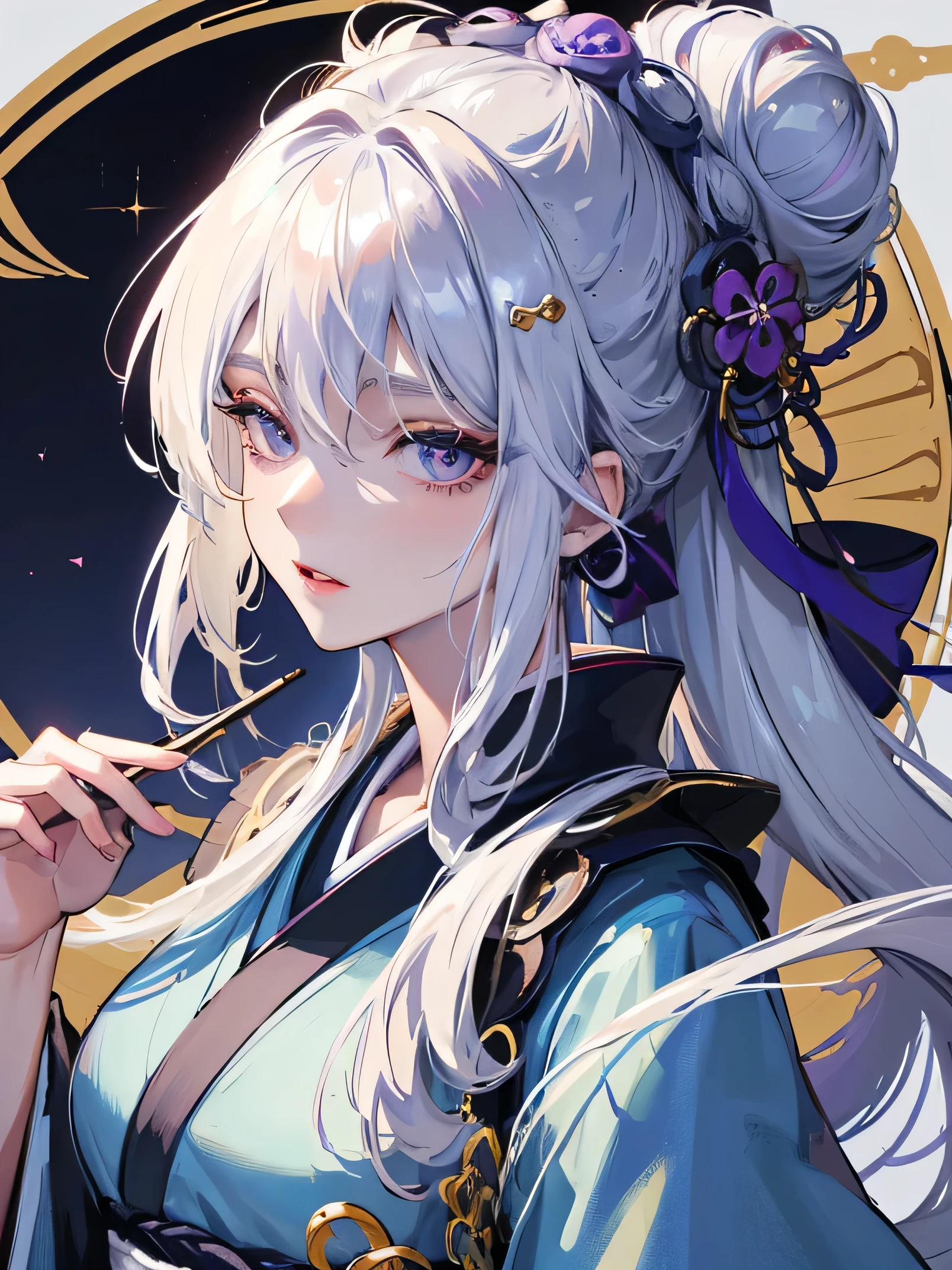 Top quality, high image quality, masterpiece, empress of japan, white hair, violet eyes, light blue kimono, dark blue haori, upper body, hair strands, fair skin, elegant, graceful, beautiful, hair in a bun, hair ornament, imperial Japan.