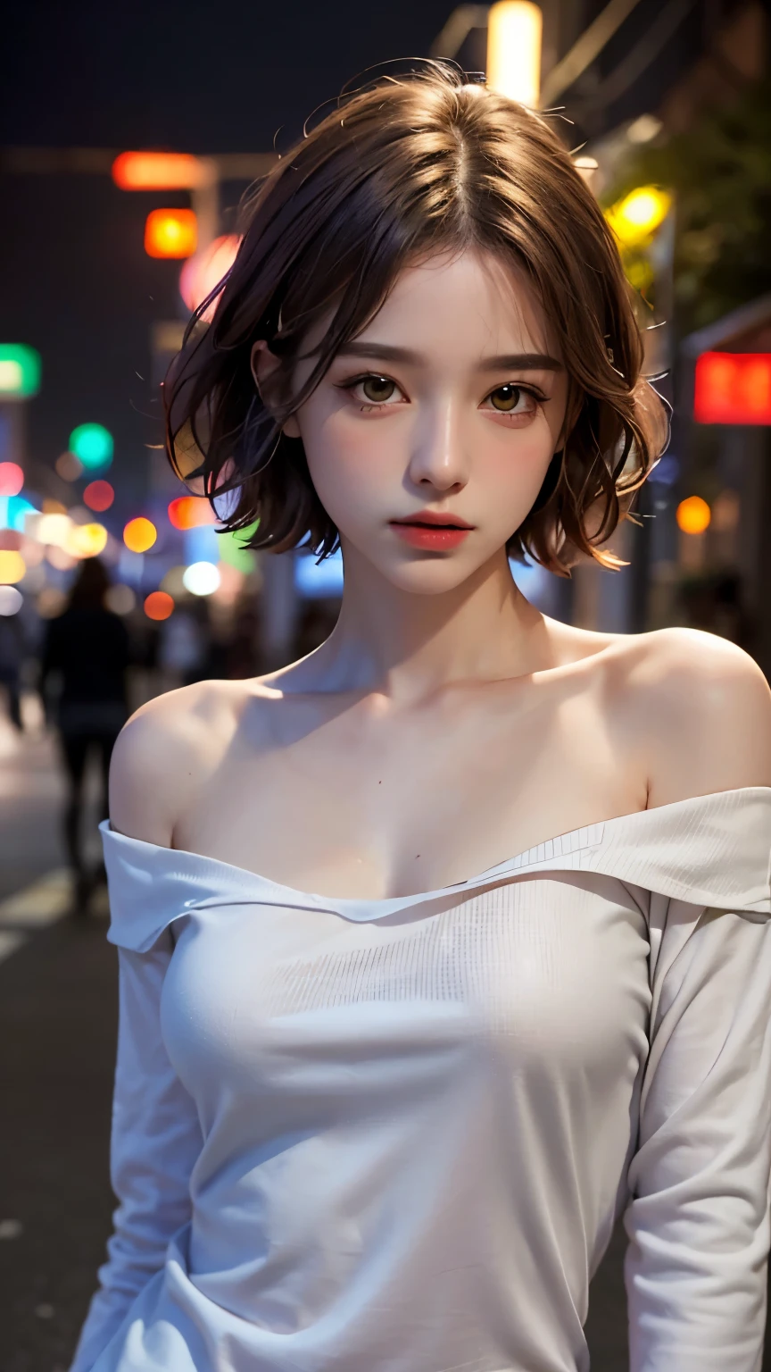((Best quality, 8k, Masterpiece: 1.3)), Sharp focus: 1.2, A beautiful woman with perfect body: 1.4, Slim abdomen: 1.2, ((Layered haircut, Large breasts: 1.2)), (no bra) (Small and beautiful hard nipple) (Thin and damp button up to shirt length: 1.1), (White shirt wet by rain), (Rain, Street: 1.2), Wet body: 1.1, Highly detailed face and skin texture, Detailed eyes, Double eyelid,