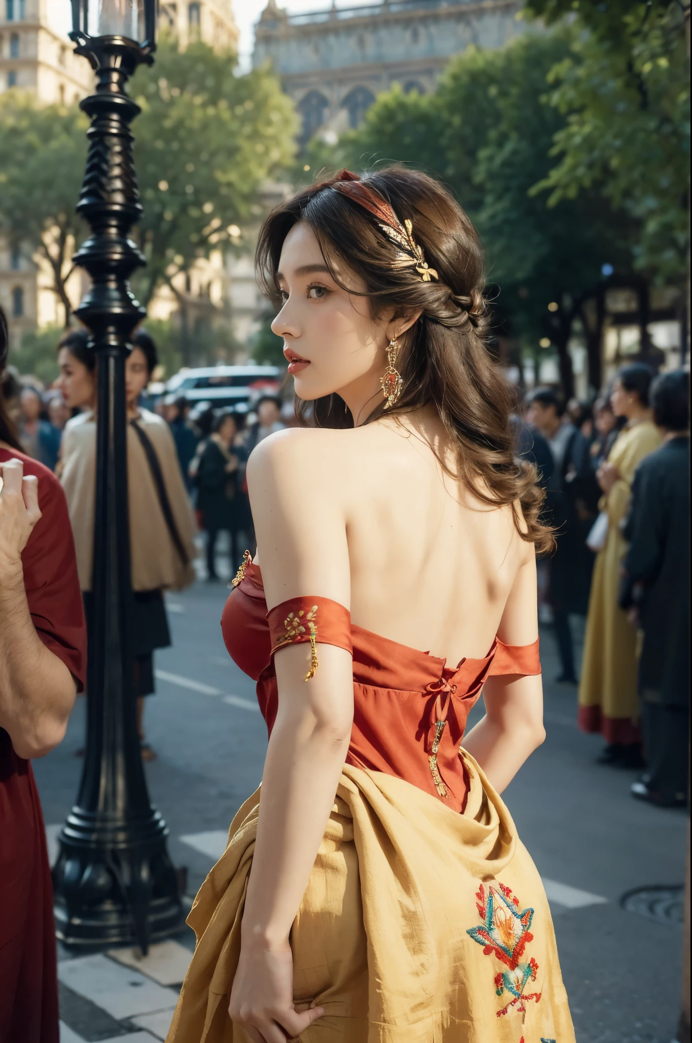 (((best quality))),(((ultra detailed))),(((masterpiece))),illustration,((1 beautiful girl,female Gypsy dancer,solo)),(shoulder length wavy bob hair:1.2),((slim,thin)),((strapless,bare back,towering hips,butt crack)),(detailed eyes:1.3),(Bohemian style embroidered red dress:1.5),(short sleeves:1.2),((earrings)),mystery,charm,(standing:1.3),(On the square outside Notre Dame Cathedral in Paris:1.5),(ancient Paris:1.2),traditional attire,vendors,fruits,handcrafted objects,pastries,bakeries,spire,Gothic architecture,sunlight,ethereal glow,busy cityscape,out of place,free spirit,creativity,lost in thoughts,dreams,possibilities,bygone era,snapshot,essence,magic of summer,(day scene:1.3),(outdoor:1.3),(surrounded by crowded crowds:1.3),((from back,upper body))