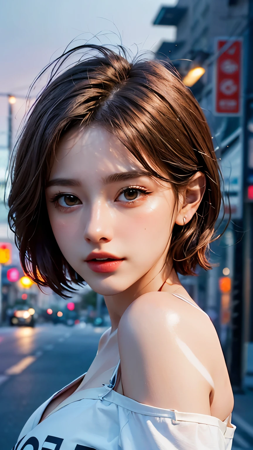 highest quality, masterpiece, Ultra-high resolution, (Realistic:1.4), RAW Photos, One girl, Off the shoulder, In the Dark, Deep Shadow, Modest, Night Alley, short hair, roadside,walking, 20-year-old,Cute face, Small breasts, Tight shirt,(head shot:1.5)