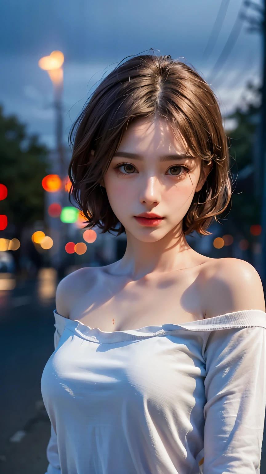 Highest quality, masterpiece, Ultra-high resolution, (Realistic:1.4), RAW Photos, One Girl, Off the shoulder, In the Dark, Deep Shadow, moderate, Night Alley, short hair, roadside,walk, 20-year-old,Cute Face, Small breasts, Tight shirt,(head shot:1.5)