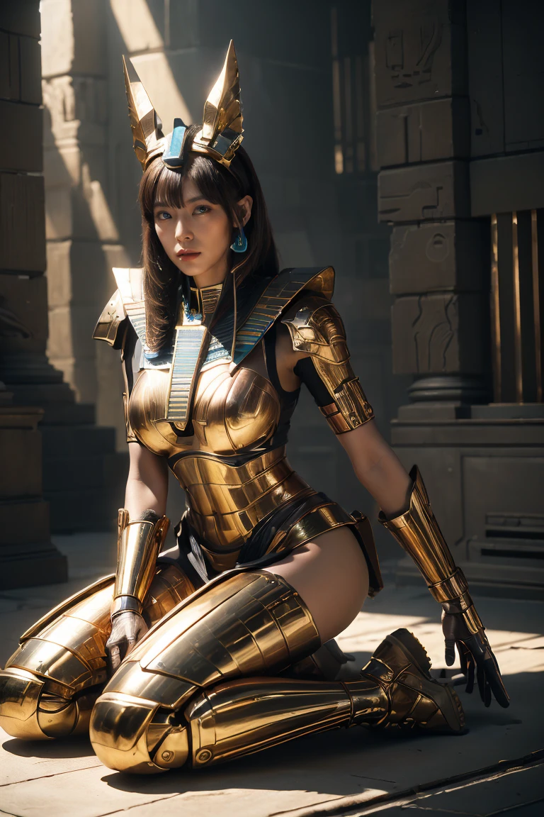 ((Highest quality、8k、masterpiece:1.3))、Realistic, Sharp focus, High resolution, High resolution, Portraiture, One person, woman, beautiful woman, sexy、Action pose、Ancient Egypt、Cyber Battlesuit、Complex technology, pyramid、Ancient Egypt都市、Light and shadow、Laser light、Copper-colored hair