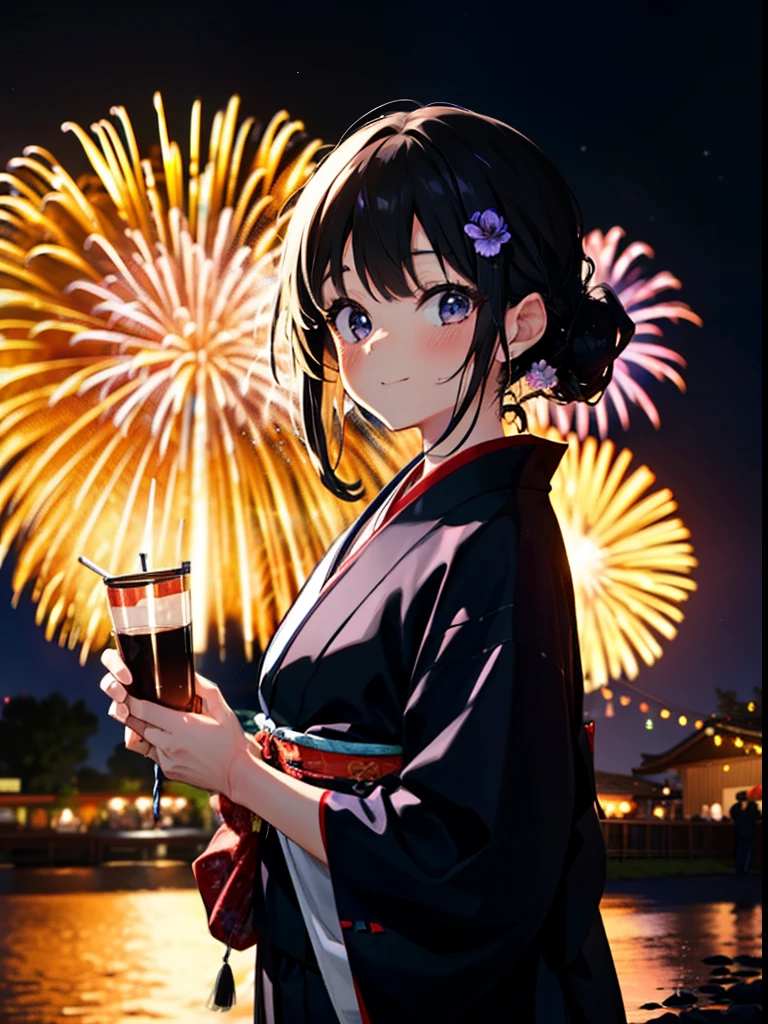 mioakiyama, My Akiyama, Long Hair, bangs, Black Hair, (Iris:1.3), Hime cut,blush,smile,hair tied back,Flower Hair Ornaments,Black yukata,Japanese Festivals，Summer festival food stalls、Red lantern,Fireworks in the night sky,Fireworks,The place is a fireworks display,Time is night,sunny day,whole bodyがイラストに入るように
break outdoors, shrine,
break looking at viewer, whole body,(Cowboy Shot:1.5),
break (masterpiece:1.2), Highest quality, High resolution, unity 8k wallpaper, (figure:0.8), (Beautiful attention to detail:1.6), Highly detailed face, Perfect lighting, Highly detailed CG, (Perfect hands, Perfect Anatomy),