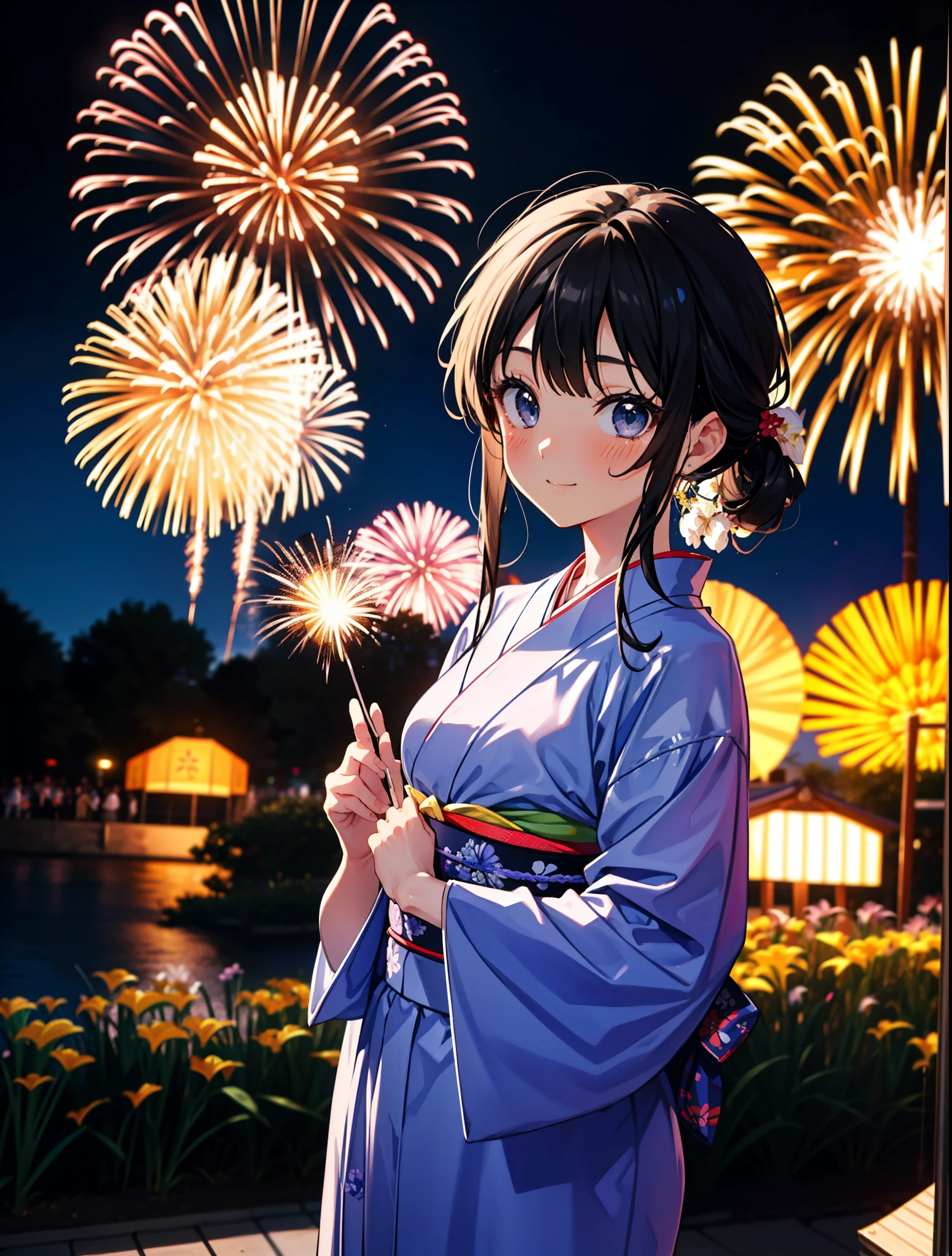 mioakiyama, My Akiyama, Long Hair, bangs, Black Hair, (Iris:1.3), Hime cut,blush,smile,hair tied back,Flower Hair Ornaments,Black yukata,Japanese Festivals，Summer festival food stalls、Red lantern,Fireworks in the night sky,Fireworks,The place is a fireworks display,Time is night,sunny day,whole bodyがイラストに入るように
break outdoors, shrine,
break looking at viewer, whole body,(Cowboy Shot:1.5),
break (masterpiece:1.2), Highest quality, High resolution, unity 8k wallpaper, (figure:0.8), (Beautiful attention to detail:1.6), Highly detailed face, Perfect lighting, Highly detailed CG, (Perfect hands, Perfect Anatomy),