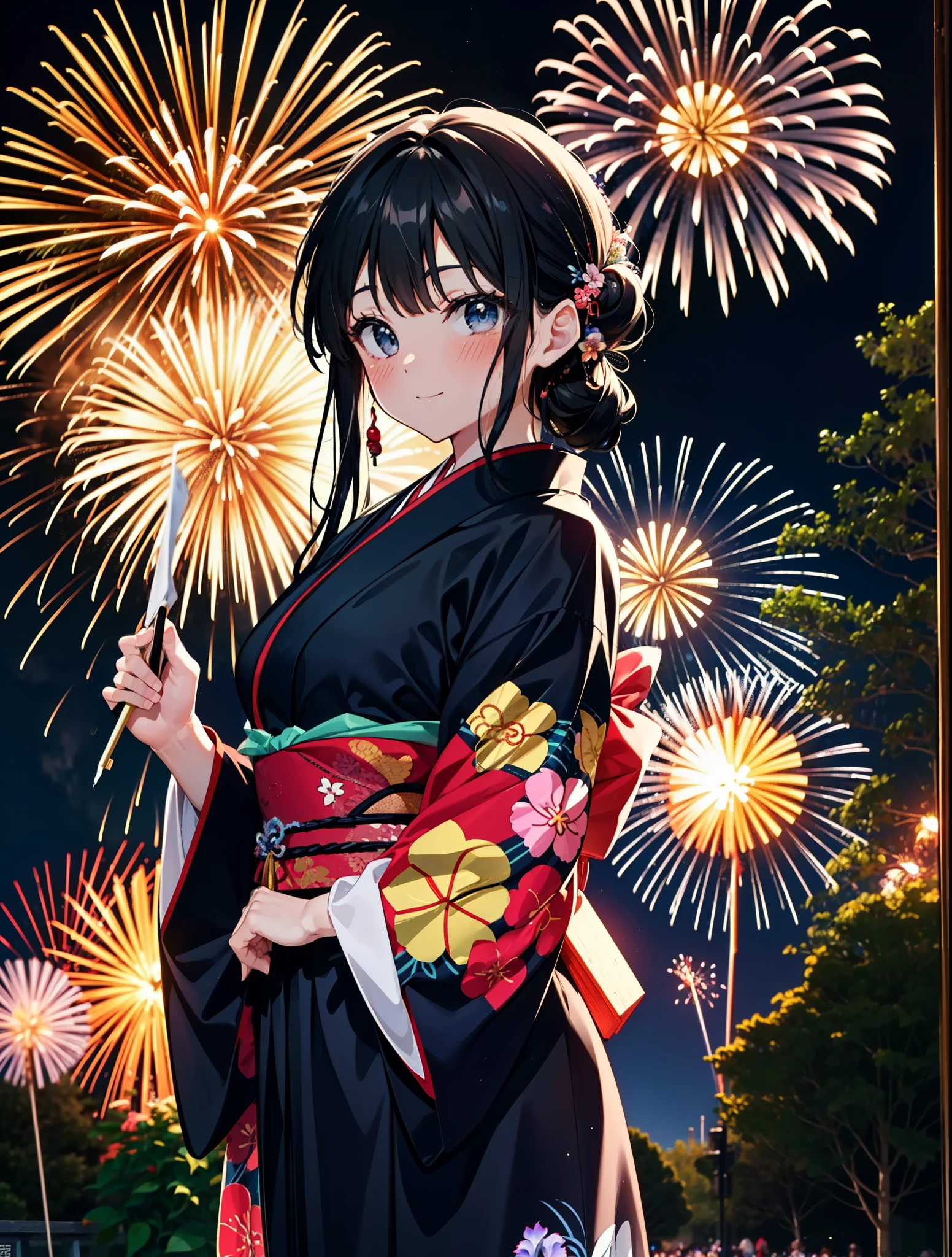 mioakiyama, My Akiyama, Long Hair, bangs, Black Hair, (Iris:1.3), Hime cut,blush,smile,hair tied back,Flower Hair Ornaments,Black yukata,Japanese Festivals,Summer festival food stalls、Red lantern,Fireworks in the night sky,Fireworks,The place is a fireworks display,Time is night,sunny day,whole bodyがイラストに入るように
break outdoors, shrine,
break looking at viewer, whole body,(Cowboy Shot:1.5),
break (masterpiece:1.2), Highest quality, High resolution, unity 8k wallpaper, (figure:0.8), (Beautiful attention to detail:1.6), Highly detailed face, Perfect lighting, Highly detailed CG, (Perfect hands, Perfect Anatomy),