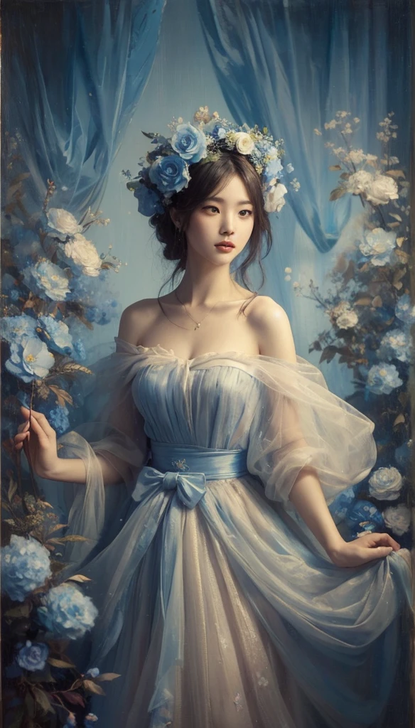 masterpiece best quality full body japanese Woman in an airy dress. flower crown. looking at viewers. surrounded by blue flowers. Blue tones, oil on canvas, cinematic lighting, soft focus, painting by dhe mozzaart, oil painting, 3d render, sepia blue effect. ultra HD, 32K
