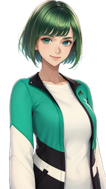 big bangs,beautiful bangs,green hair,Emerald hair,short hair,short hair,bright face,upper body up,chest up,business woman,intellectual,smile,green jacket,white shirt , laughter,drooling eyes, alone,Flow of hair that extends to the face,Big light blue eyes shine charmingly,green one piece,eyeliner,Shining white skin,