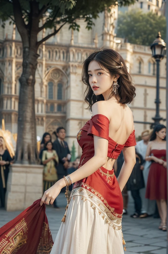 (((best quality))),(((ultra detailed))),(((masterpiece))),illustration,((1 beautiful girl,female Gypsy dancer,solo)),(shoulder length wavy bob hair:1.2),((slim,thin)),((strapless,bare back)),(detailed eyes:1.3),(Bohemian style embroidered red dress:1.5),(short sleeves:1.2),((earrings)),mystery,charm,(standing:1.3),(On the square outside Notre Dame Cathedral in Paris:1.5),(ancient Paris:1.2),traditional attire,vendors,fruits,handcrafted objects,pastries,bakeries,spire,Gothic architecture,sunlight,ethereal glow,busy cityscape,out of place,free spirit,creativity,lost in thoughts,dreams,possibilities,bygone era,snapshot,essence,magic of summer,(day scene:1.3),(outdoor:1.3),(surrounded by crowded crowds:1.3),((from back,close-up of face))