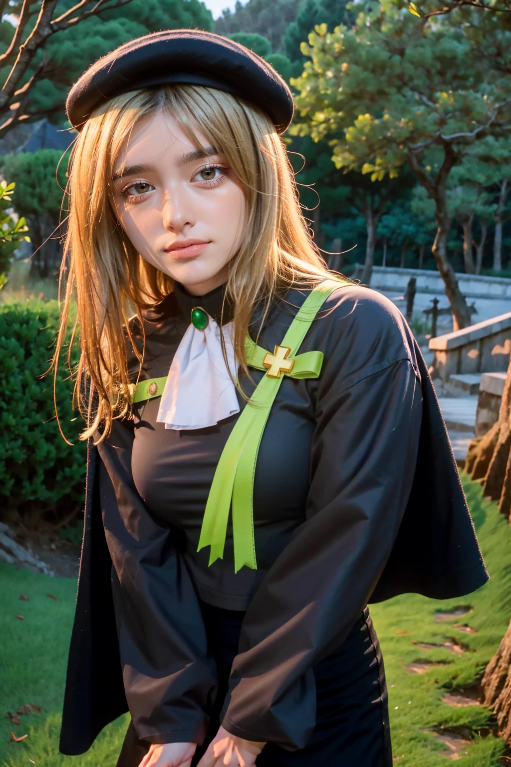 1 girl, best quality, ((Miyo)), tarankaaa, perfect face, NOT Dasha Taran, beautiful smile, 30 years old, ((ascot,uniform, black skirt, cross, ribbon, gold blonde hair, emerald, beret, cape, pantyhose)), ((perfectly drawn hands)), perfect body, bare tree, bush, fog, forest, grass, nature, outdoors, plant, scenery, solo, standing, tree, 32k photograph, ((perfect eyes, detailed eyes,realistic eyes)), ((sharp face, detailed face, realistic face, natural skin, realistic skin, detailed skin, pores)), full body, tone mapping, asian-european, ((masterpiece)), ((highres)), ((detailed background)), japanese village background, night, big proportions, (abdomen is covered)