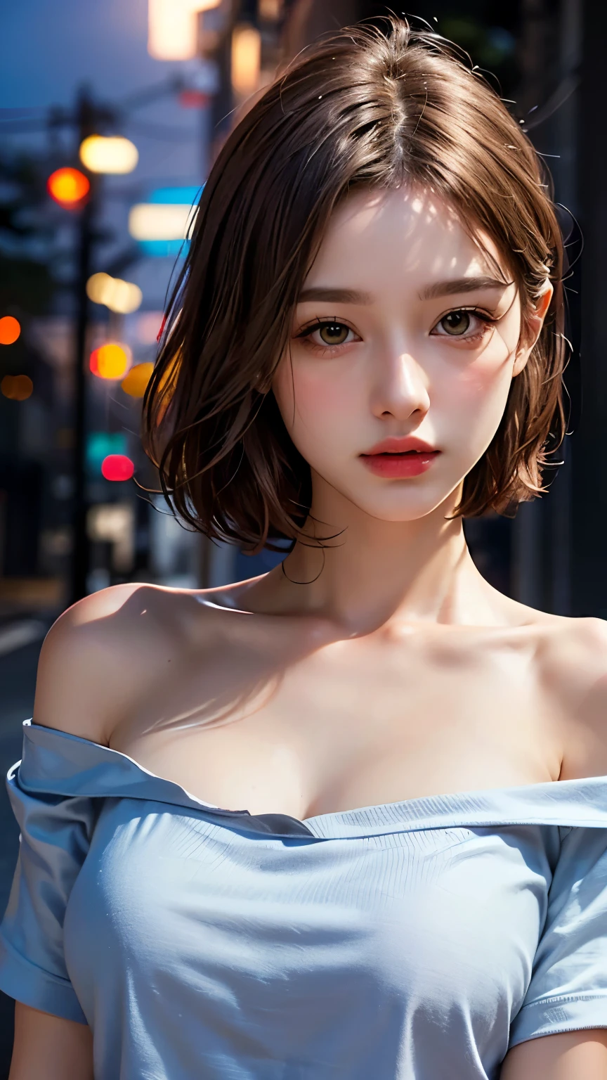 Highest quality, masterpiece, Ultra-high resolution, (Realistic:1.4), RAW Photos, One Girl, Off the shoulder, In the Dark, Deep Shadow, moderate, Night Alley, short hair, roadside,walk, 20-year-old,Cute Face, Small breasts, Tight shirt,(head shot:1.5)