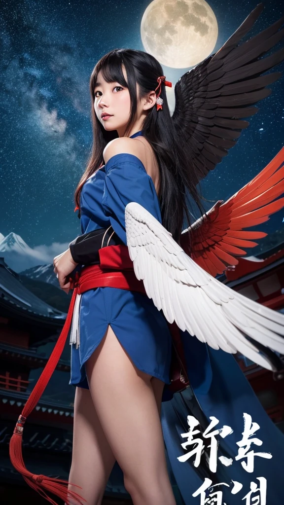 Mountain々、Night Sky、Tengu(Japanese、Girl in her twenties、Wings on the back)、空を飛んでいるTengu