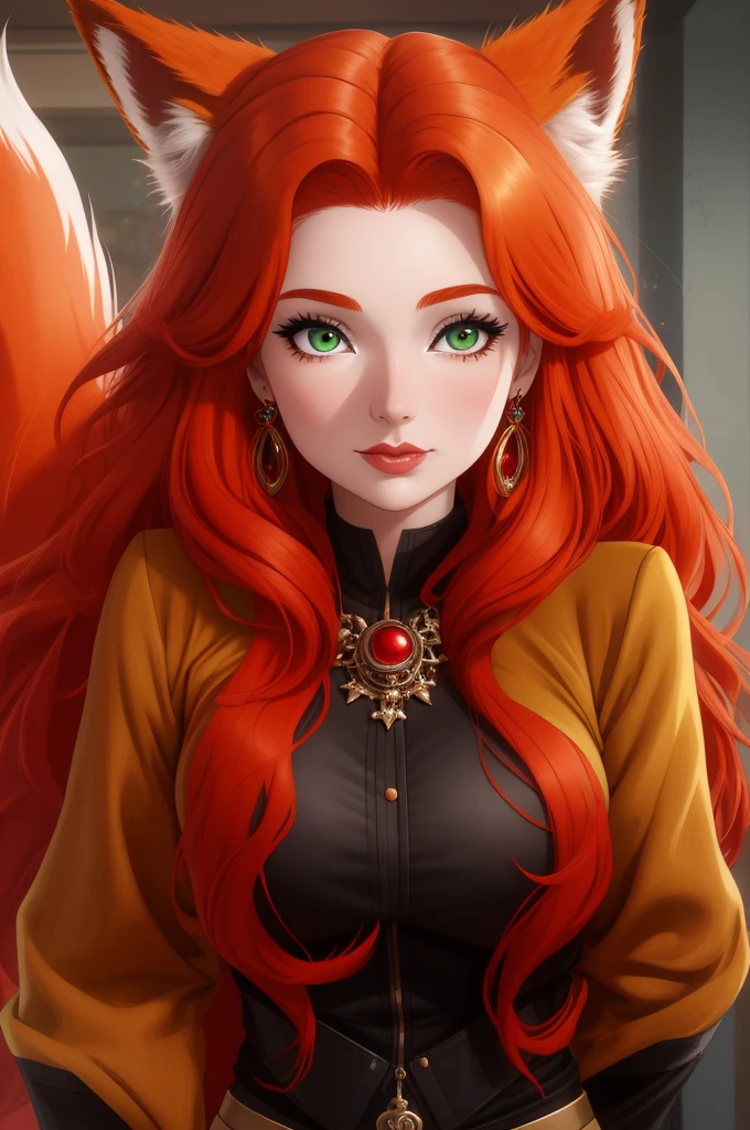 a close up of a woman with red hair and a fox, a beautiful fox lady, foxgirl, orange skin and long fiery hair, green eyes, magali villeneuve', graphic artist magali villeneuve, ginger hair and fur, inspired by Magali Villeneuve, in style of anne stokes, red haired goddess, fantasy fox love, fire hair, by Galen Dara