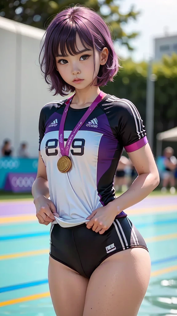 one girl, cute girl, athlete, Olympics, Serious expression, Uplifting, purple hair, bob hair