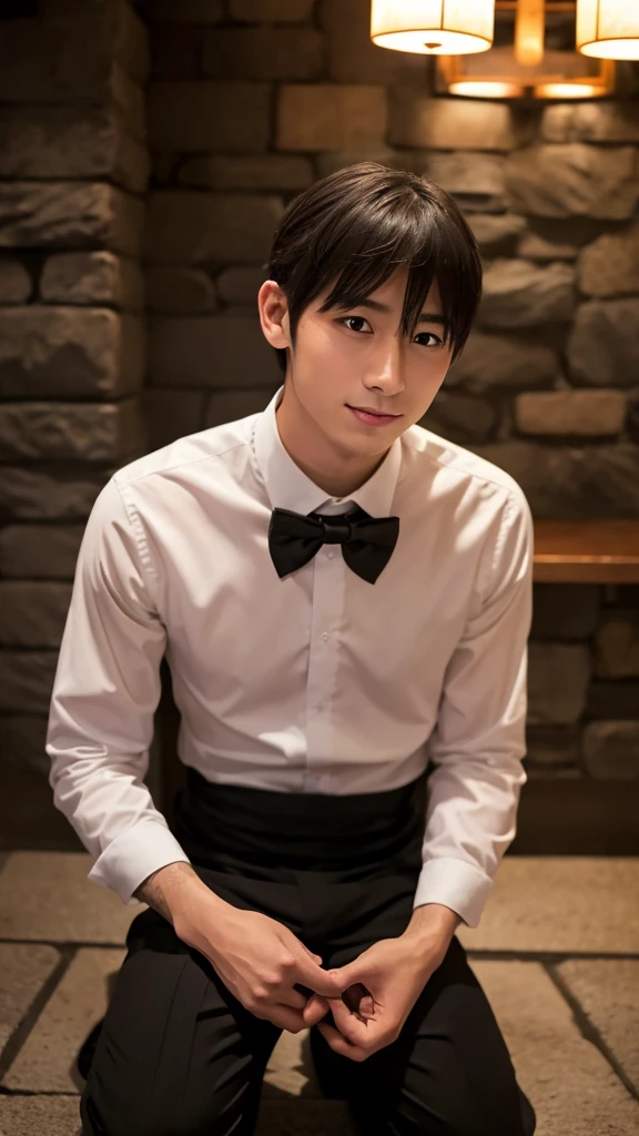 Ginza、underground、Hidden Restaurant、Stone Wall、Waiter、24-years-old、male、Japanese、naked、Black bow tie、Looking up、中年のmale客、Ultra HD、Real Photo