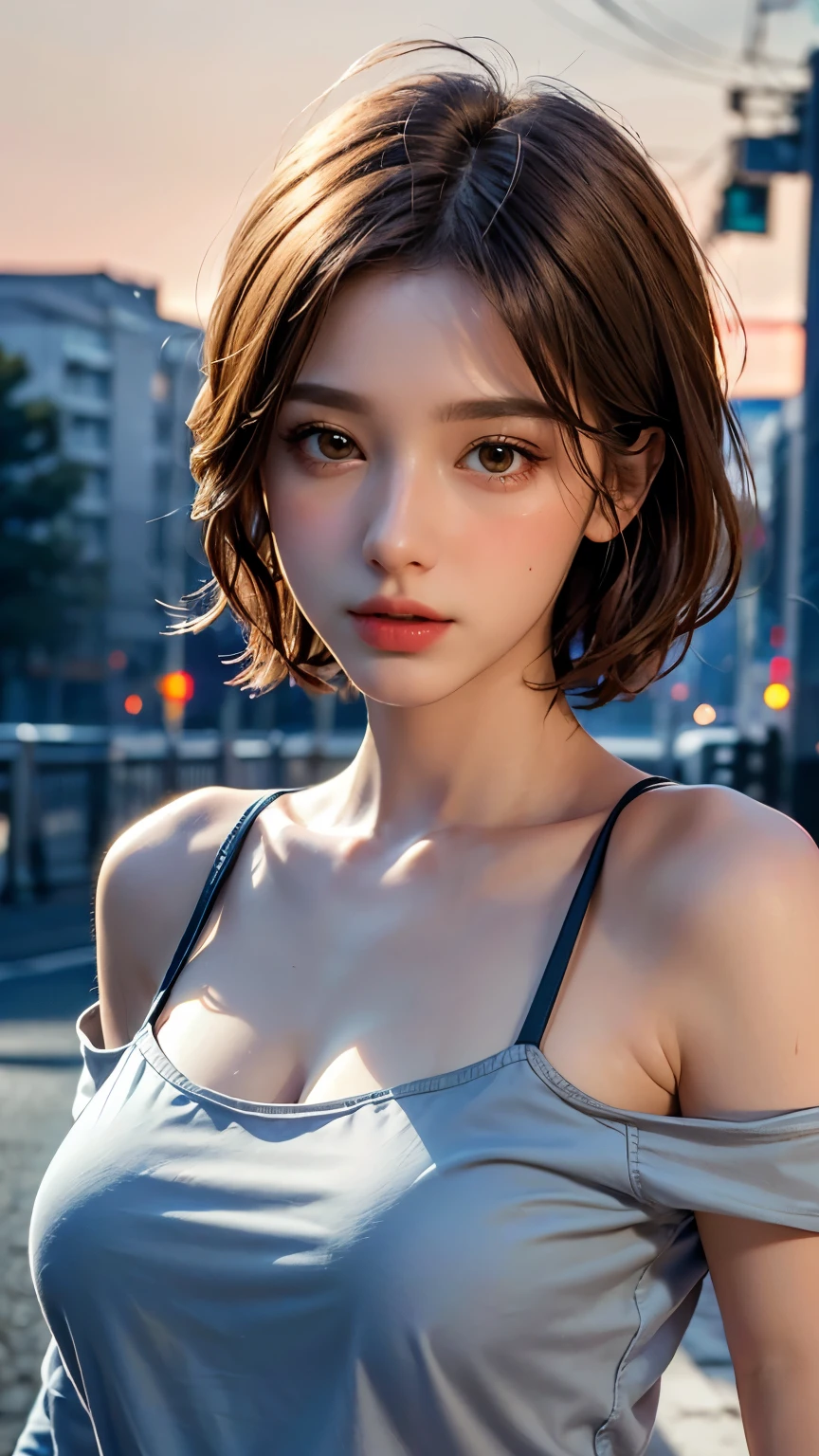 Highest quality, masterpiece, Ultra-high resolution, (Realistic:1.4), RAW Photos, One Girl, Off the shoulder, In the Dark, Deep Shadow, moderate, Night Alley, short hair, roadside,walk, 20-year-old,Cute Face, Small breasts, Tight shirt,(head shot:1.5)