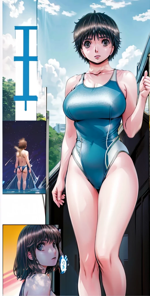 A beautiful woman with short hair, big breasts and beautiful legs is standing by the pool in a high-cut swimsuit.。Angle from behind。A middle-aged man is standing at a distance, pointing a camera lens at him.。