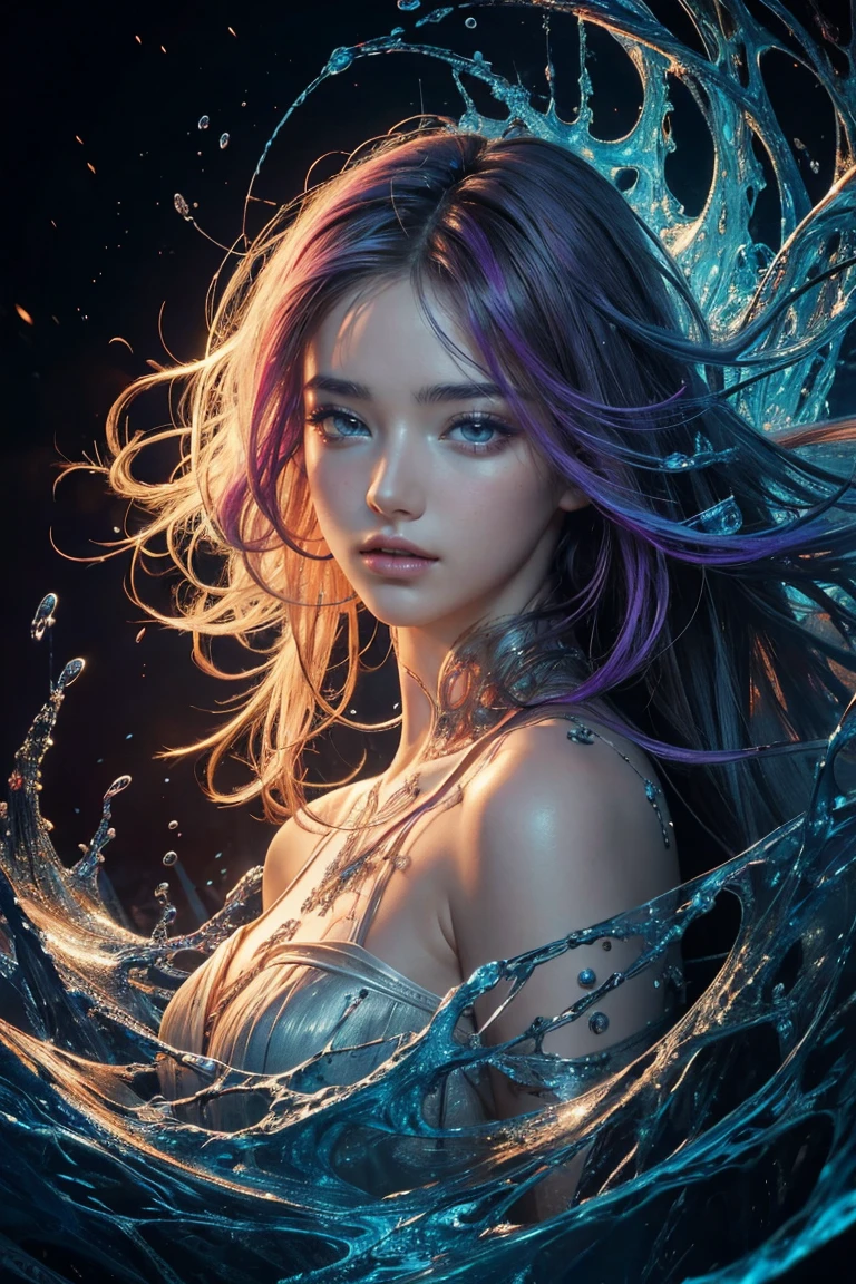 (masterpiece, Highest quality, Highest quality, Official Art, beautifully、aesthetic:1.2), (One girl), extreme detailed,(Abstract, Fractal Art:1.3),Colorful Hair,highest detailed, detailed_eye, fire, water, ice, Lightning, Light_particle, Ghost