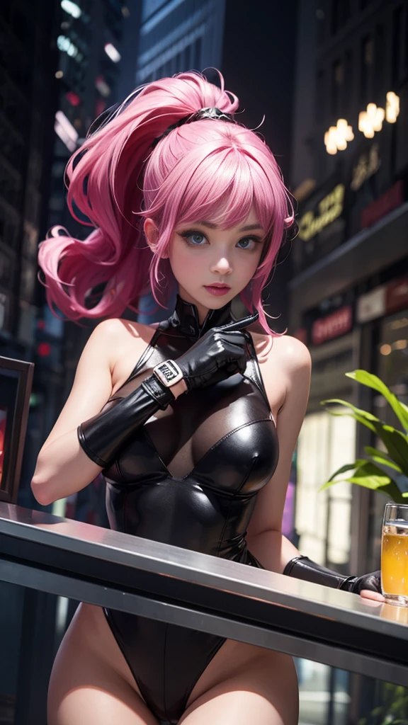 Lala Satalin, long hair, pink hair, eyes green, tight jumpsuit 