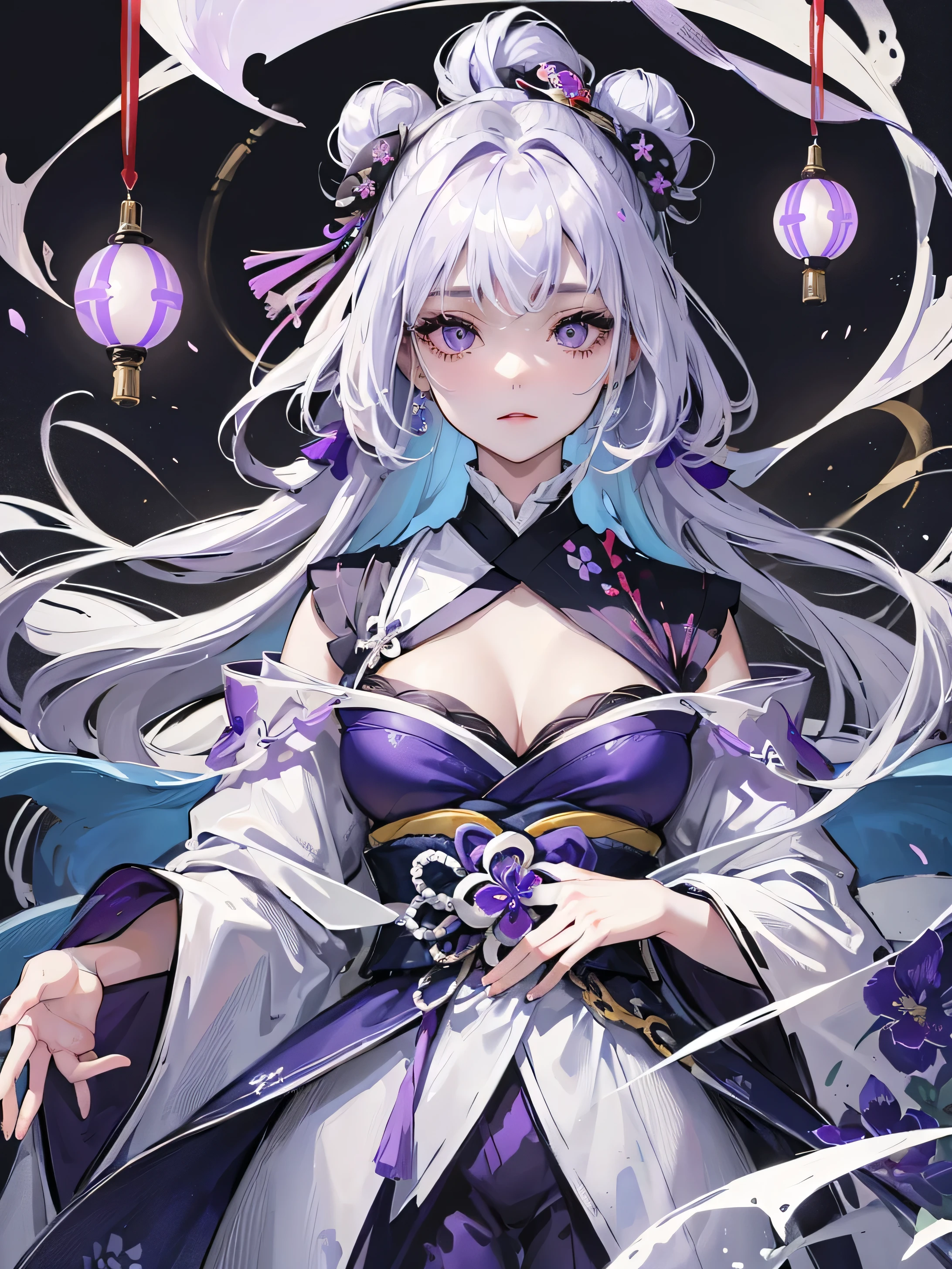 Top quality, high image quality, masterpiece, empress of japan, white hair, ((violet eyes)), light blue kimono, dark blue haori, upper body, hair strands, fair skin, elegant, graceful, beautiful, hair in a bun, hair ornament, imperial Japan, large breasts.