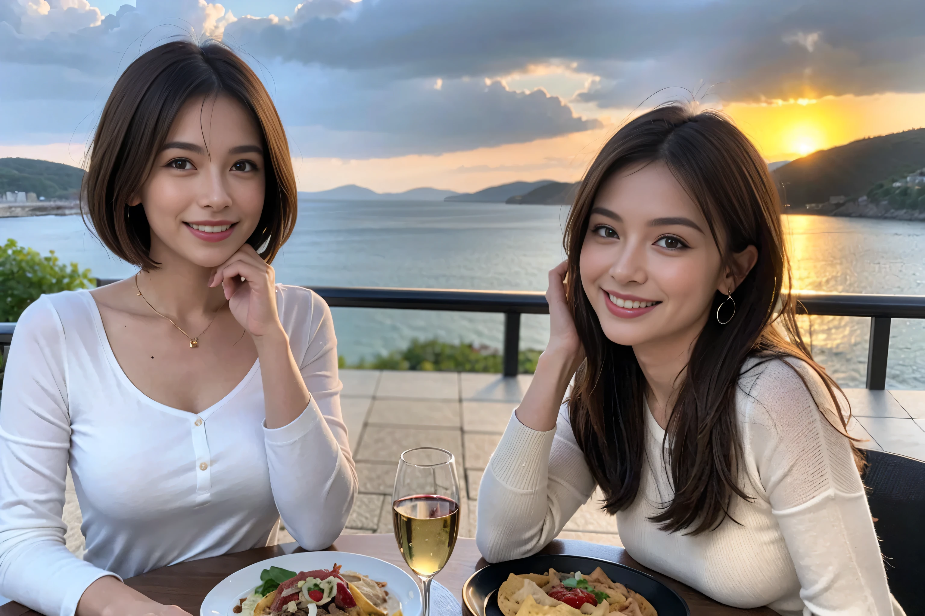 (Realistic:1.1),(masterpiece,Highest quality),8k,(49 years old), 50 years old, slimカップル、Tight waist,Upper Body,full-course dinner、wine 、Amazing view of the sunset sky and clouds、Perfect Anatomy, Brown Hair, short hair,Random Hairstyles,((Highly detailed face and eyes:1.2)),Perfect golden ratio face,Long sleeve shirt、dress,(smile:1.2)、Shortcuts、cute、(Realistic, Intricate details:1.2), A bright smile、short hair,Bright Face、赤wine 、Appetizers、Italian food、wine bottle、Champagne、スパークリングwine、(slimな顔), (The body is slim), (Brown Hair), (Shortcuts), Upper Body, 白wine, slim, wineグラス,