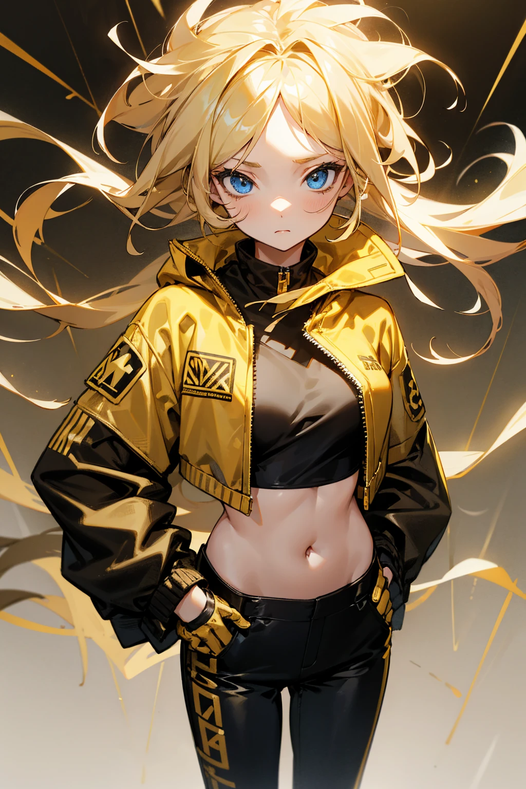 1female, blonde hair, blue eyes, messy let down hair, white crop top, black and gold jacket with gold designs, black pants, foggy background, standing, hands at sides