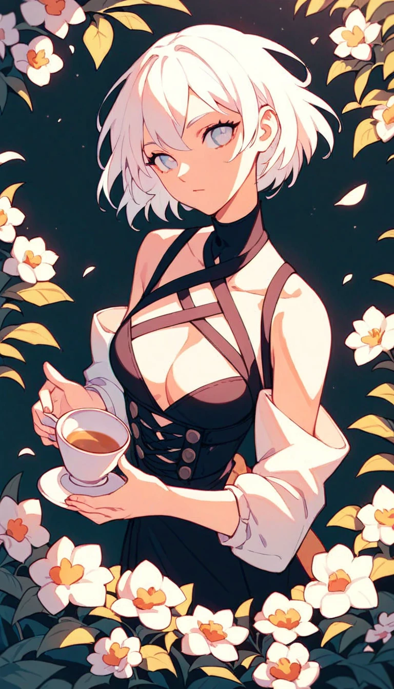 woman, short hair, white hair, White tea set