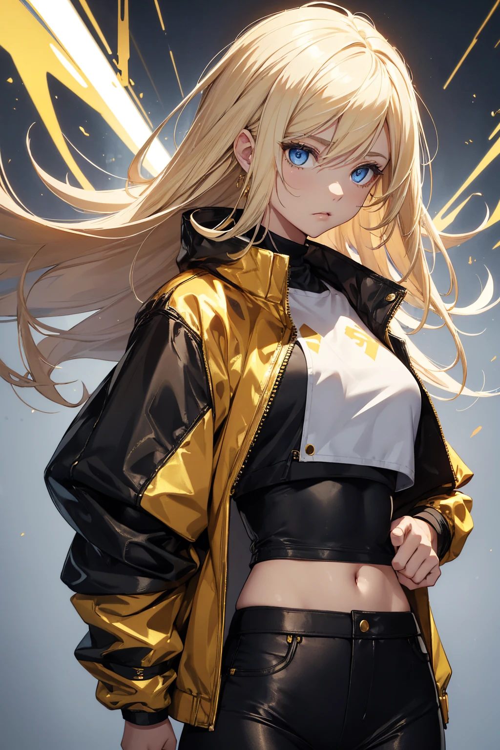 1female, blonde hair, blue eyes, messy let down hair, white crop top, black and gold jacket with gold designs, black pants, foggy background, standing, hands at sides