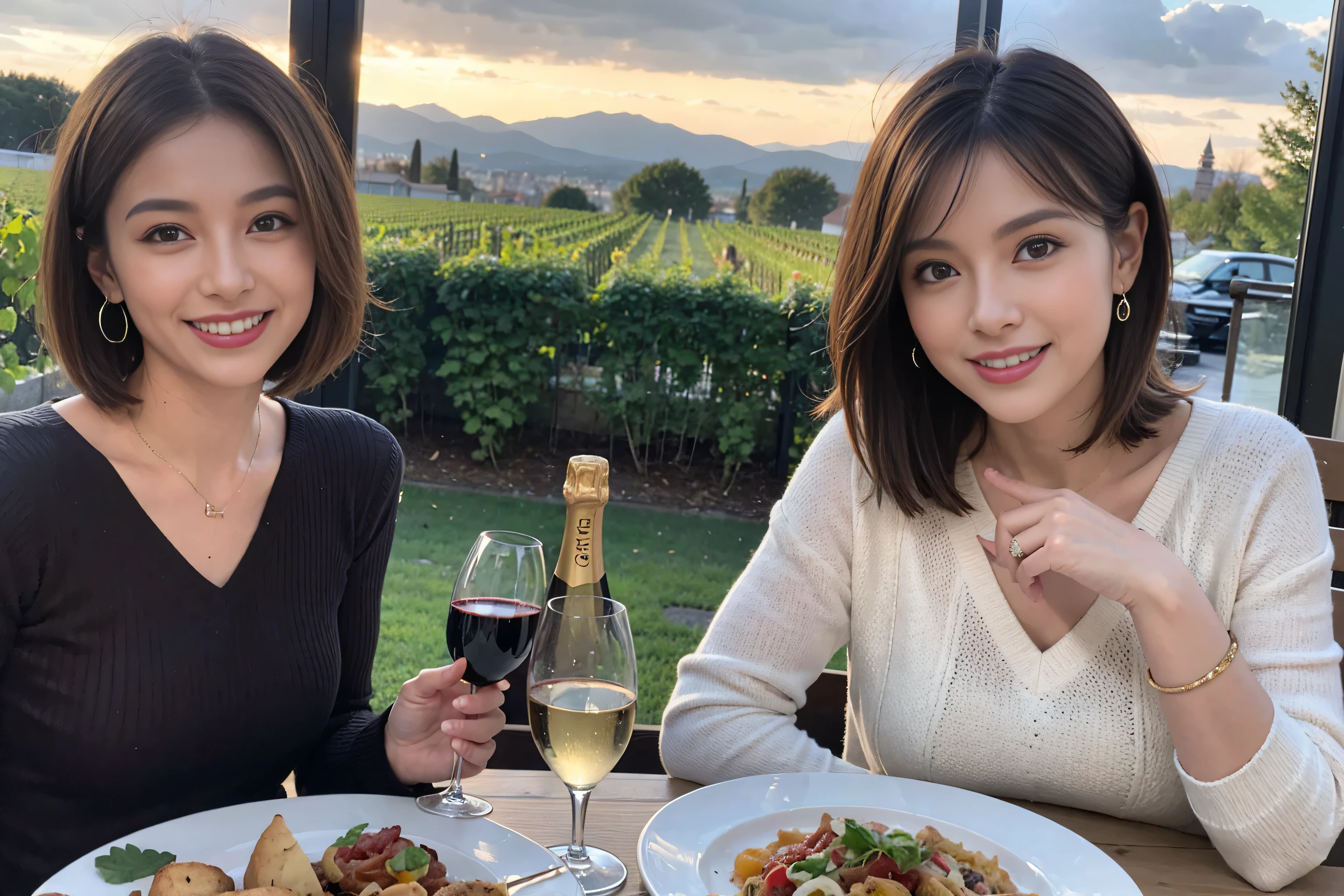 (Realistic:1.1),(masterpiece,Highest quality),8k,(49 years old), 50 years old, slimカップル、Tight waist,Upper Body,full-course dinner、wine 、Amazing view of the sunset sky and clouds、Perfect Anatomy, Brown Hair, short hair,Random Hairstyles,((Highly detailed face and eyes:1.2)),Perfect golden ratio face,Long sleeve shirt、dress,(smile:1.2)、Shortcuts、cute、(Realistic, Intricate details:1.2), A bright smile、short hair,Bright Face、赤wine 、Appetizers、Italian food、wine bottle、Champagne、スパークリングwine、(slimな顔), (The body is slim), (Brown Hair), (Shortcuts), Upper Body, 白wine, slim, wineグラス,