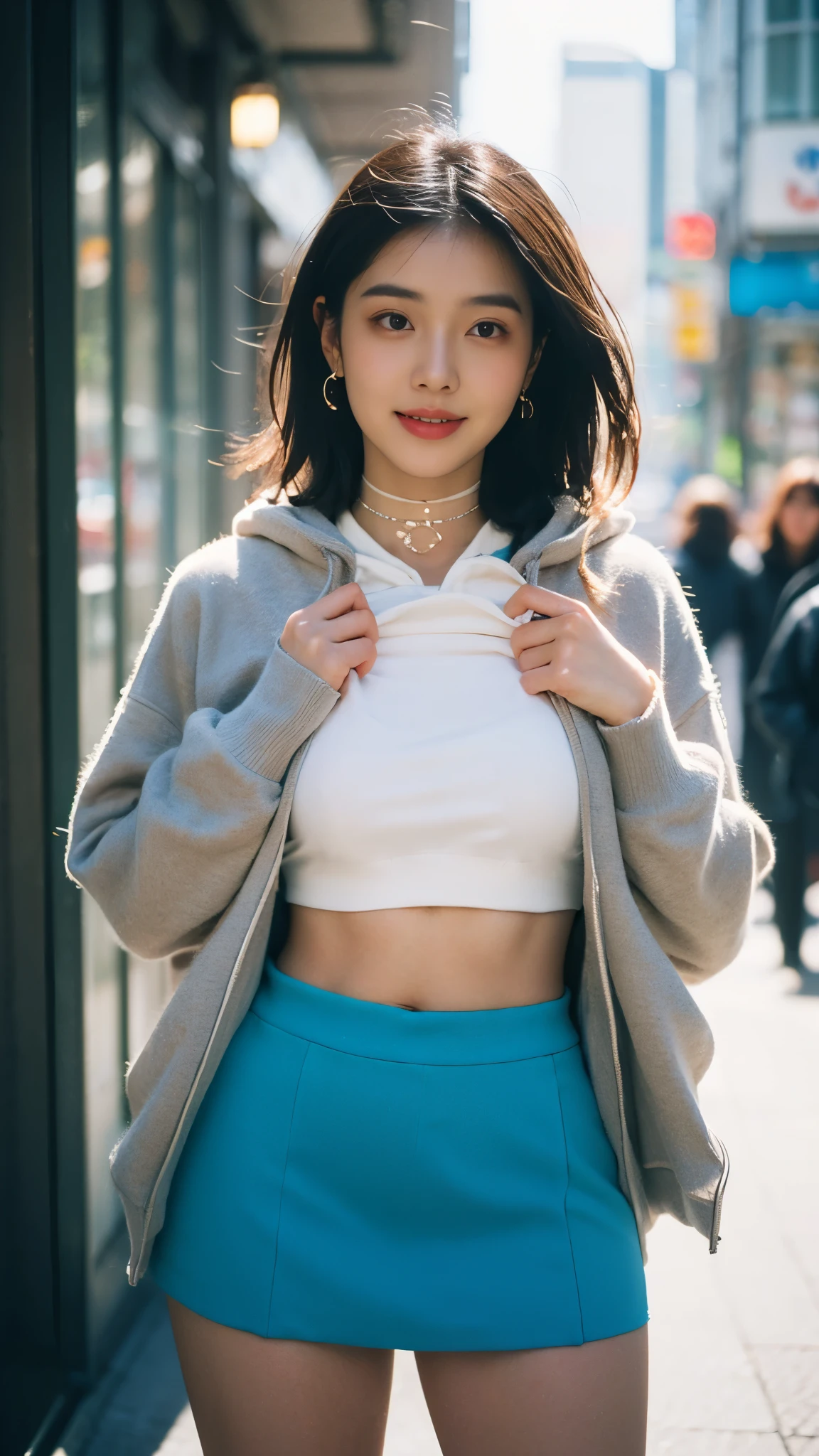 ((8K))，Film photography, 1 girl, (hoody:1.2), (short  skirt),upper legs, navel，choker necklace, ear nipple ring, Vibrant smile, middlebreast, Full body lesbian, drunk blush:1.5, Black shoulder length wavy hair, serene, chill out, (Realistic and detailed eyes, Natural skin texture, Realistic face details), Soft dramatic lighting, depth of fields, bokeh, vibrant detail, meticuloso, hyper realisitc，20yr old,((shirt lift )), (skirt lift), ( , focal), face flushed, Open your lips, view the viewer ,(Clear  eyes，Clear nose，Transparent lip skin)，Semi-body shot , Wear a hooded jacket ,(Tokyo streets ,Falling snow)，