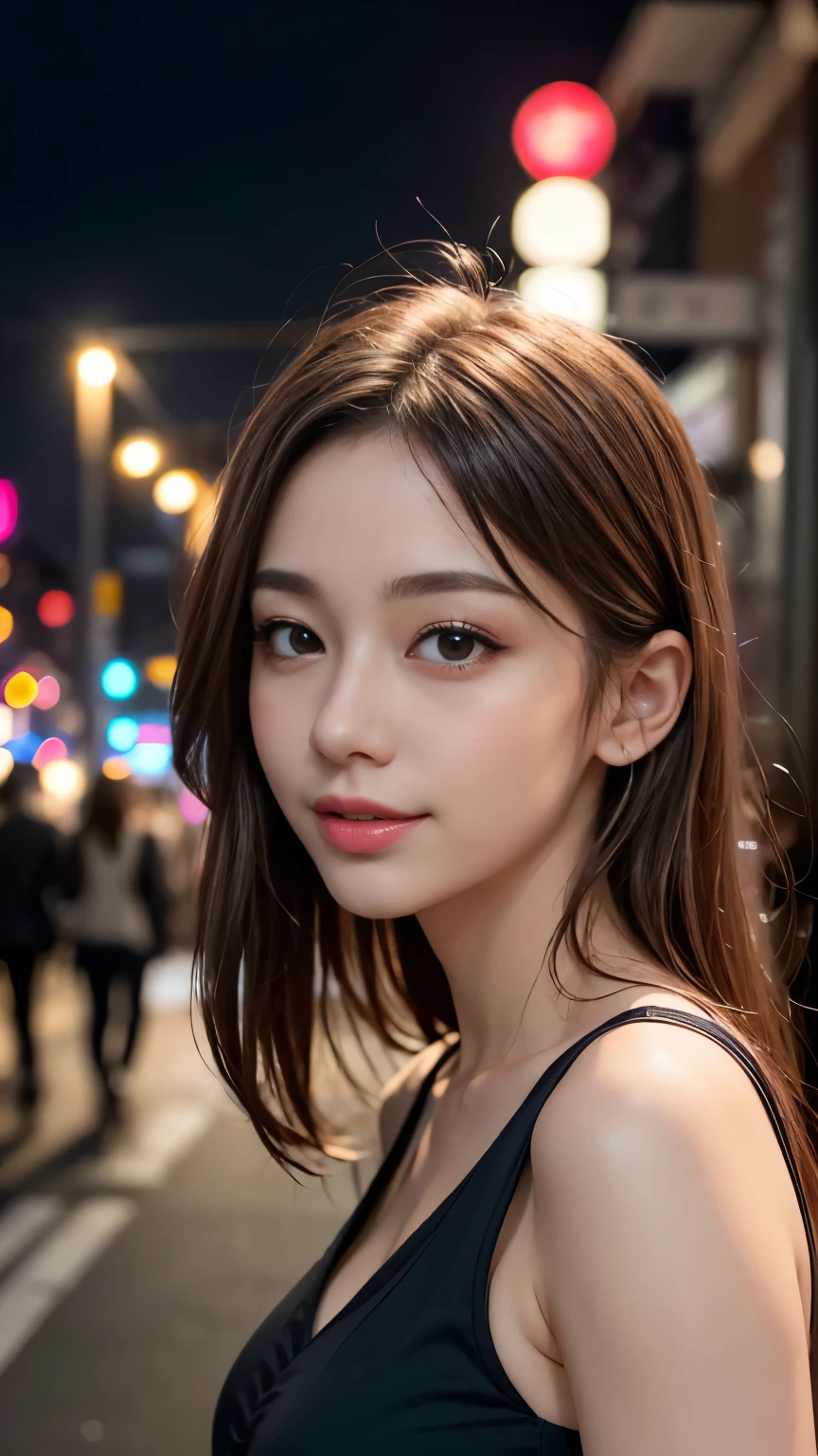 1 girl, Tokyo Street,night, Streetscape,City lights,Upper Body,close,smile,, (8k, RAW Photos, Highest quality, masterpiece:1.2),(Realistic, photo-Realistic:1.37),