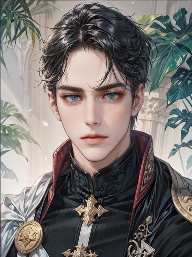 noble young adult man; longer face, short mouth, marked and long jaw and chin, angular, blue eyes, straight and pointed nose, pale white skin, silky black hair