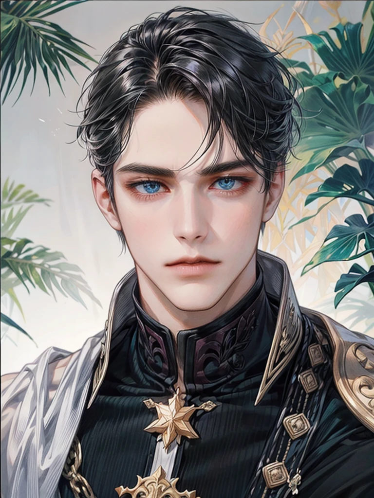 noble young adult man; longer face, short mouth, marked and long jaw and chin, angular, blue eyes, straight and pointed nose, pale white skin, silky black hair