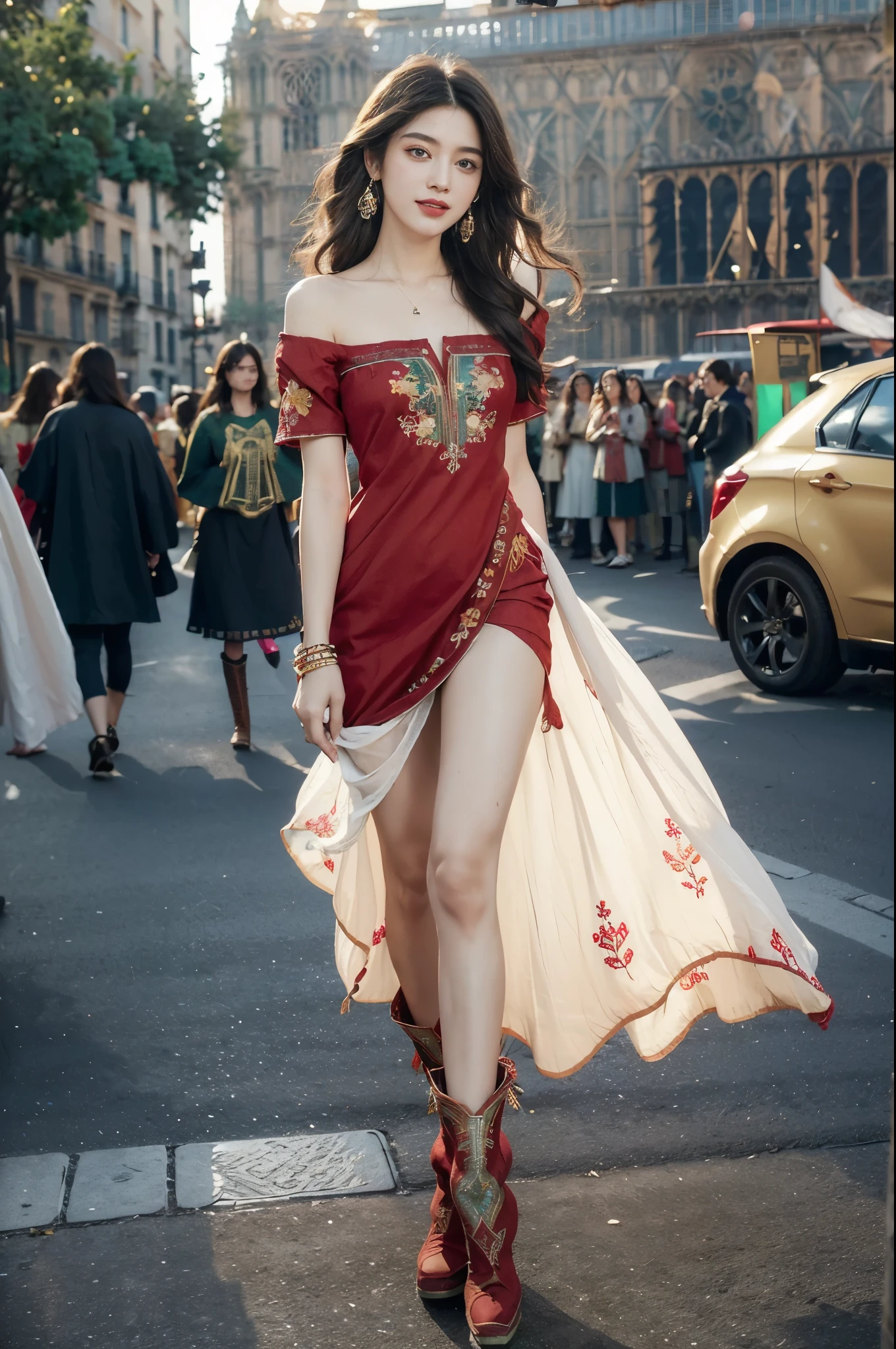 (((best quality))),(((ultra detailed))),(((masterpiece))),illustration,((1 beautiful girl,female Gypsy dancer,solo)),(shoulder length wavy bob hair:1.2),(laughing:1.3),((slim,thin)),((small breasts,flat chest)),(detailed eyes:1.3),(Bohemian style embroidered red dress:1.5),(short sleeves:1.2),((earrings)),mystery,charm,(standing:1.3),(arms behind back:1.3),(slender legs:1.2),(boots:1.3),(On the square outside Notre Dame Cathedral in Paris:1.5),(ancient Paris:1.2),traditional attire,vendors,fruits,handcrafted objects,pastries,bakeries,spire,Gothic architecture,sunlight,ethereal glow,busy cityscape,out of place,free spirit,creativity,lost in thoughts,dreams,possibilities,bygone era,snapshot,essence,magic of summer,(day scene:1.3),(outdoor:1.3),(surrounded by crowded crowds:1.3),((from front,full body))