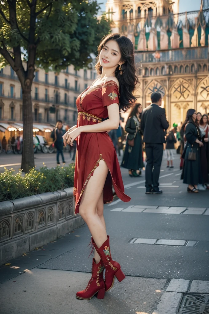 (((best quality))),(((ultra detailed))),(((masterpiece))),illustration,((1 beautiful girl,female Gypsy dancer,solo)),(shoulder length wavy bob hair:1.2),((slim,thin)),((small breasts,flat chest)),(detailed eyes:1.3),(Bohemian style embroidered red dress:1.5),(short sleeves:1.2),((earrings)),mystery,charm,(standing:1.3),(arms behind back:1.3),(slender legs:1.2),(boots:1.3),(On the square outside Notre Dame Cathedral in Paris:1.5),(ancient Paris:1.2),traditional attire,vendors,fruits,handcrafted objects,pastries,bakeries,spire,Gothic architecture,sunlight,ethereal glow,busy cityscape,out of place,free spirit,creativity,lost in thoughts,dreams,possibilities,bygone era,snapshot,essence,magic of summer,(day scene:1.3),(outdoor:1.3),(surrounded by crowded crowds:1.3),((from front,full body))