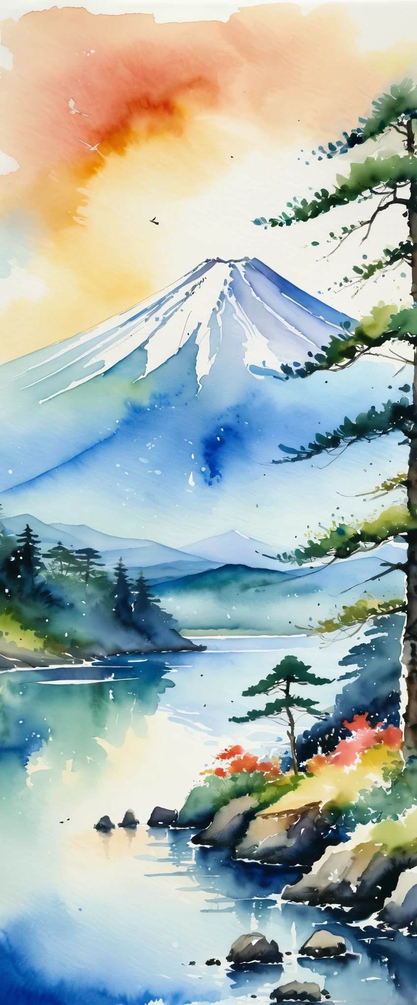 masterpiece,Magnificent landscape painting,Mount Fuji watercolor painting,Summer in Japan,Magnificentな景色(Watercolor splashes、ooze、Blur、blotting、Effective use of the fading technique),(beauty),(Magnificent)